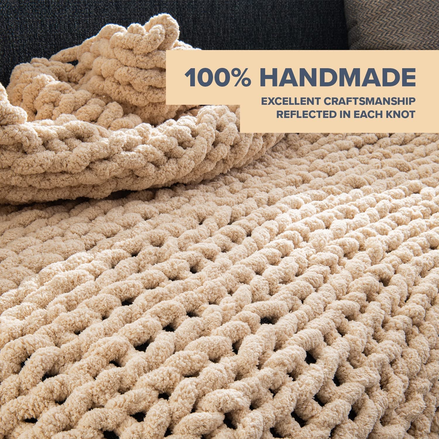 Chunky Knit Blanket Throw - 50"X60" 3.7 Lbs. - Soft Chenille Yarn Knitted Blanket - Machine Washable Crochet Blanket - Handmade Cable Knit Throw Blanket for Couch, Bed (Oat White)